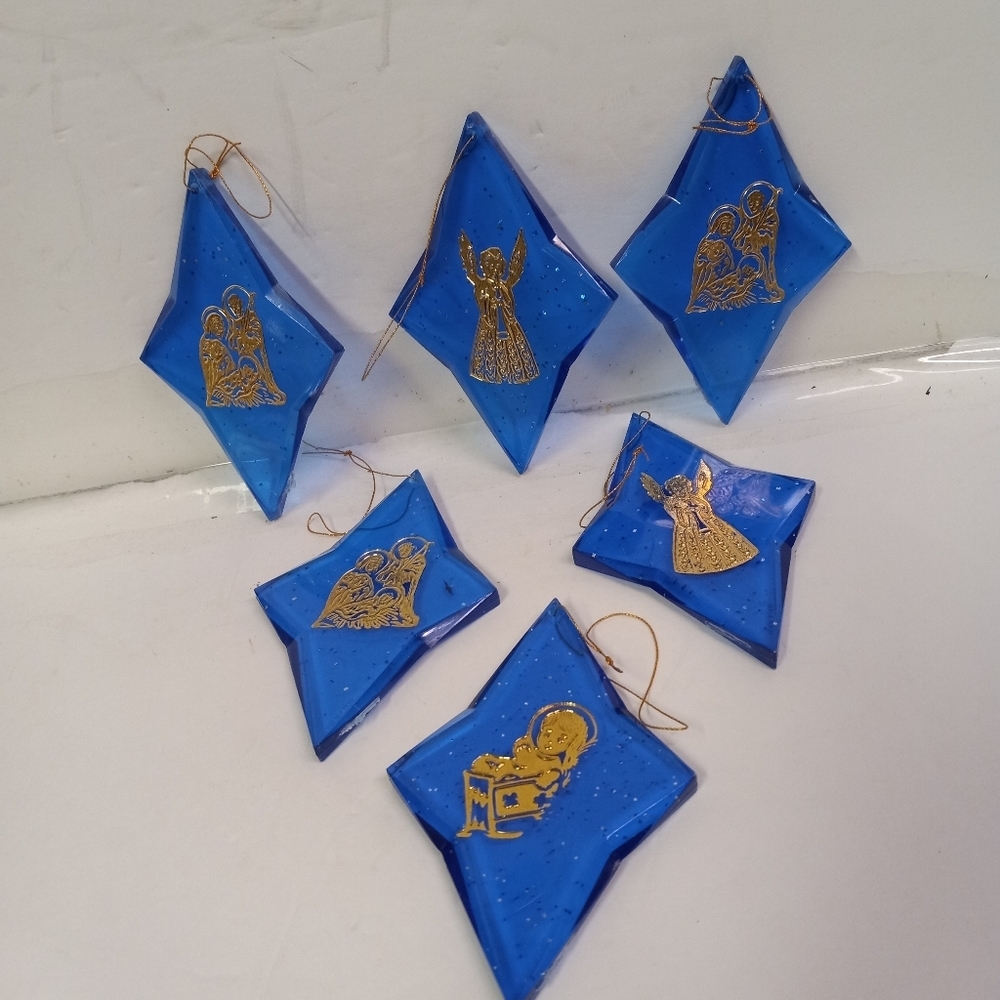 6 Vintage Angel Blue Acrylic  Christmas Star Ornaments Gold Navity Etchings 60s